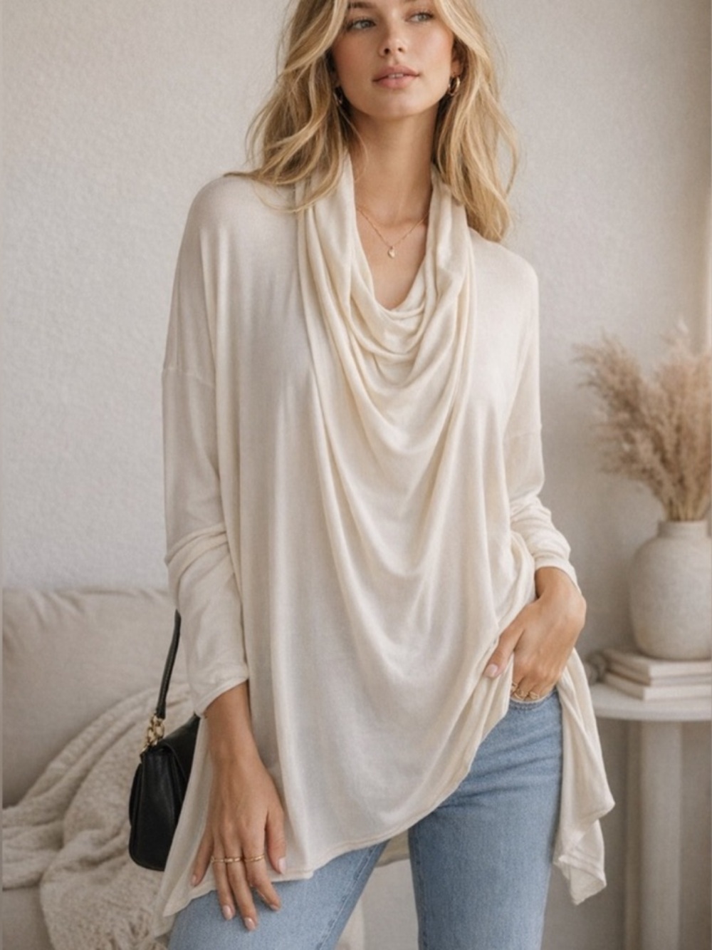 Free People Cowl Neck Ribbed Draped Long Sleeve Cream Blouse Shirt Size XS